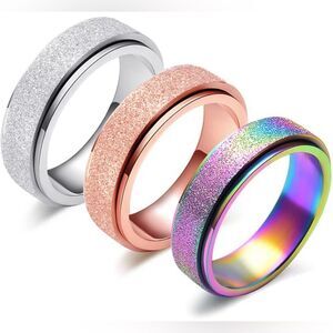 Spinner Ring for Women Anxiety Relief - 6MM Stainless Steel Sand Blast Glitter
